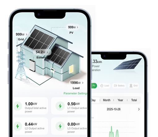 PURE EV mobile app interface displaying smart monitoring and control features for electric vehicles and energy storage systems.